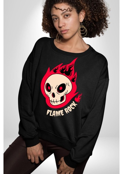 Kırmızı Ateş Kurukafa Rock Erkek Kadın Unisex Dijital Baskılı Siyah Sweatshirt modelleri