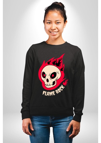 Kırmızı Ateş Kurukafa Rock Erkek Kadın Unisex Dijital Baskılı Siyah Sweatshirt fırsatları