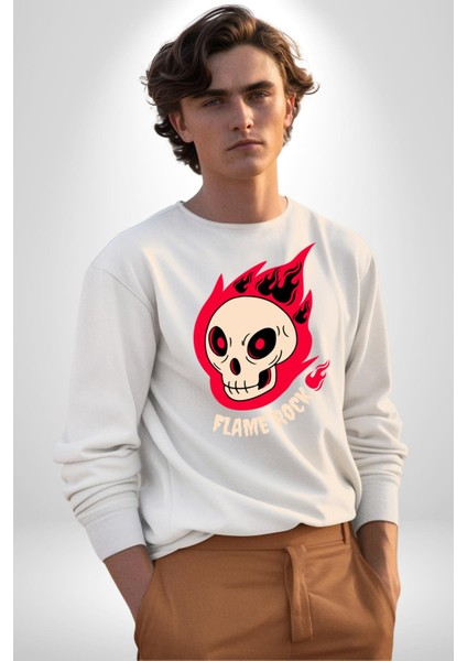 Kırmızı Ateş Kurukafa Rock Erkek Kadın Unisex Dijital Baskılı Beyaz Sweatshirt fiyatları