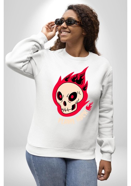 Kırmızı Ateş Kurukafa Rock Erkek Kadın Unisex Dijital Baskılı Beyaz Sweatshirt modelleri
