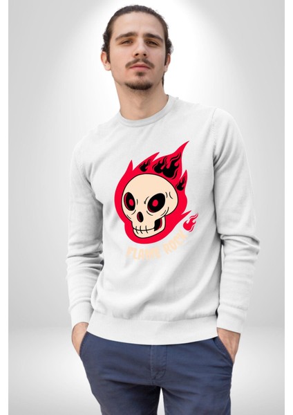 Kırmızı Ateş Kurukafa Rock Erkek Kadın Unisex Dijital Baskılı Beyaz Sweatshirt fırsatları
