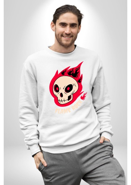 Kırmızı Ateş Kurukafa Rock Erkek Kadın Unisex Dijital Baskılı Beyaz Sweatshirt indirimleri