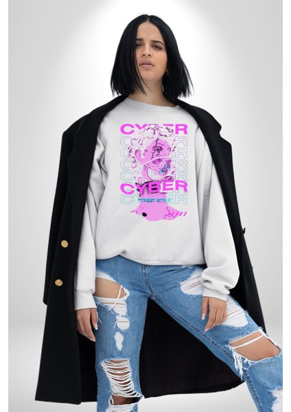 Siber Sokak Stili Erkek Kadın Unisex Dijital Baskılı Beyaz Sweatshirt