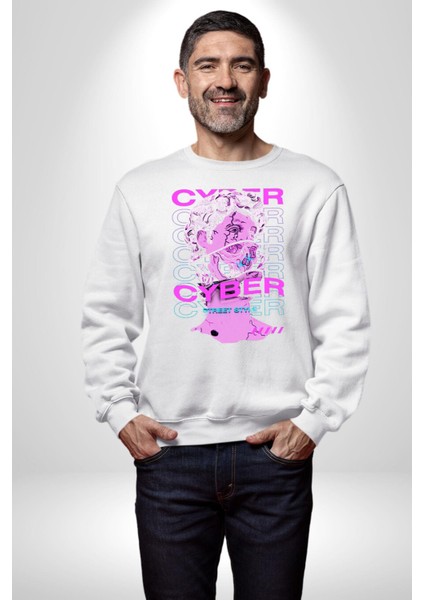Siber Sokak Stili Erkek Kadın Unisex Dijital Baskılı Beyaz Sweatshirt modelleri