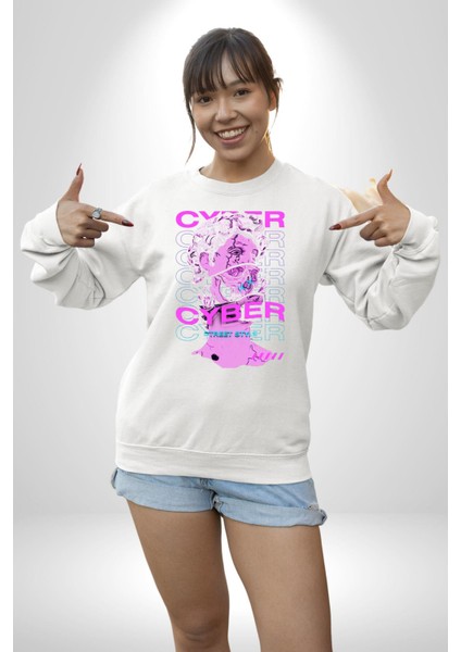 Siber Sokak Stili Erkek Kadın Unisex Dijital Baskılı Beyaz Sweatshirt indirimleri