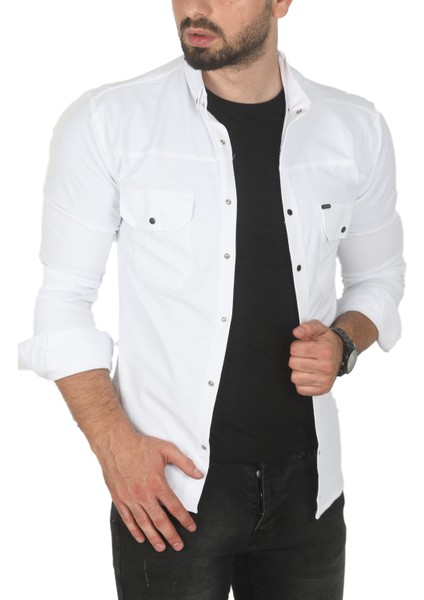 Slim Fit Dar Kesim Pamuklu Spor Gömlek Jakar Kumaş Likralı Gömlek 2500423