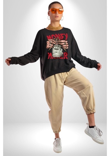 Uyan ve Para Kazanmaya Başla Sokak Style Erkek Kadın Unisex Dijital Baskılı Siyah Sweatshirt