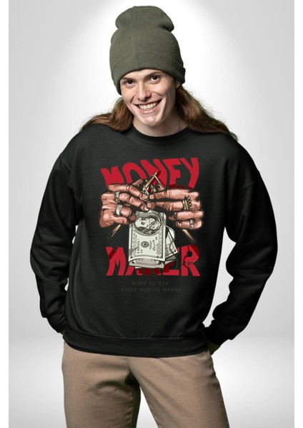 Uyan ve Para Kazanmaya Başla Sokak Style Erkek Kadın Unisex Dijital Baskılı Siyah Sweatshirt fiyatları