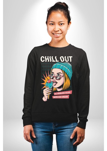 Sakin Ol Tüm Sorunlar Çözüldü Dondurma Ile Erkek Kadın Unisex Dijital Baskılı Siyah Sweatshirt