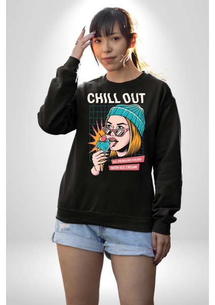 Sakin Ol Tüm Sorunlar Çözüldü Dondurma Ile Erkek Kadın Unisex Dijital Baskılı Siyah Sweatshirt modelleri