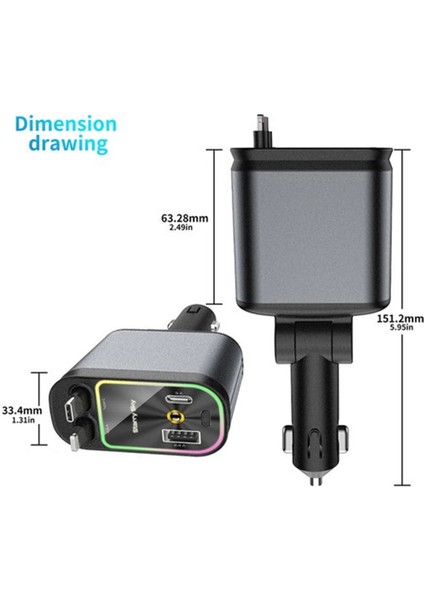 4'ü 1 arada Çift USB Bağlantı Çakmaklık, Type-C Hızlı Şarjlı 66W,Geri Çekilebilir Araç Telefon Şarj Cihazı