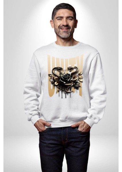 Yapay Zeka Gül Yılan Altın Siyah Gül 3D Erkek Kadın Unisex Dijital Baskılı Beyaz Sweatshirt