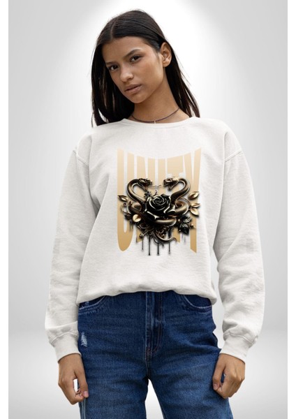 Yapay Zeka Gül Yılan Altın Siyah Gül 3D Erkek Kadın Unisex Dijital Baskılı Beyaz Sweatshirt modelleri