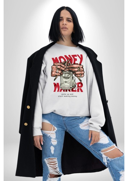 Uyan ve Para Kazanmaya Başla Sokak Style Erkek Kadın Unisex Dijital Baskılı Beyaz Sweatshirt
