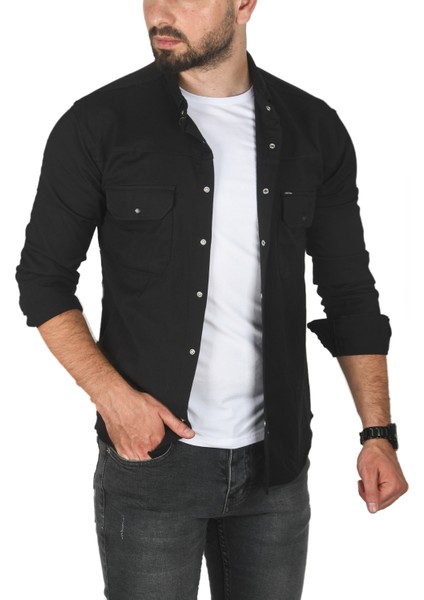 Slim Fit Dar Kesim Pamuklu Spor Gömlek Jakar Kumaş Likralı Gömlek 2500423