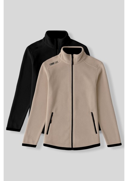 Rahat Form Dik Yaka 2li Paket Siyah-Koyu Bej Kadın Polar Sweatshirt - 97173
