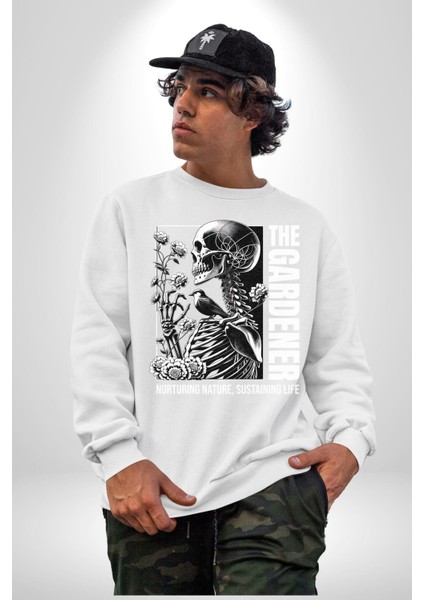 Iskelet Aşkı Kuş Kırk Kalp ve Kuru Çiçekler Erkek Kadın Unisex Dijital Baskılı Beyaz Sweatshirt