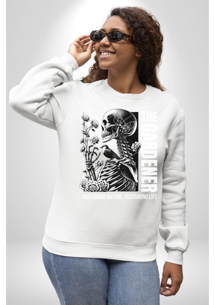 Iskelet Aşkı Kuş Kırk Kalp ve Kuru Çiçekler Erkek Kadın Unisex Dijital Baskılı Beyaz Sweatshirt fiyatları