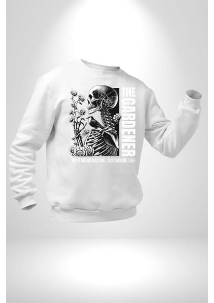 Iskelet Aşkı Kuş Kırk Kalp ve Kuru Çiçekler Erkek Kadın Unisex Dijital Baskılı Beyaz Sweatshirt indirimleri