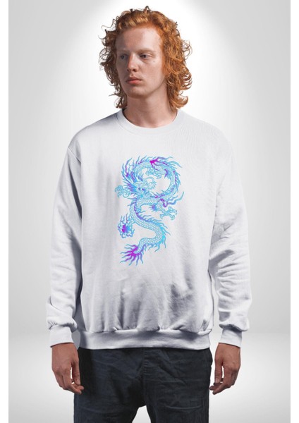 Çin Sitili Ejderha Bereket Tanrısı Erkek Kadın Unisex Dijital Baskılı Beyaz Sweatshirt