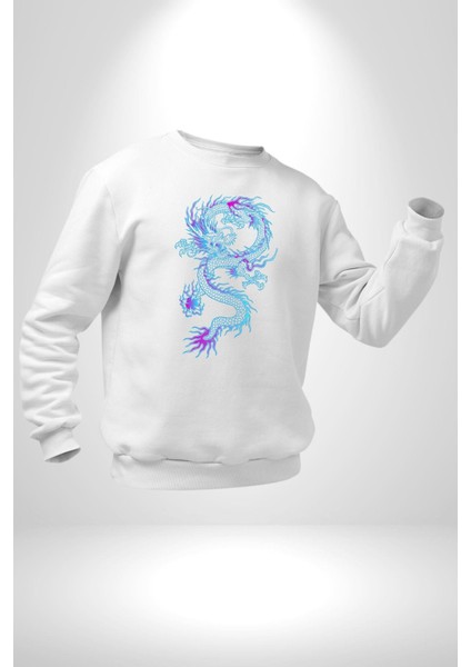 Çin Sitili Ejderha Bereket Tanrısı Erkek Kadın Unisex Dijital Baskılı Beyaz Sweatshirt modelleri