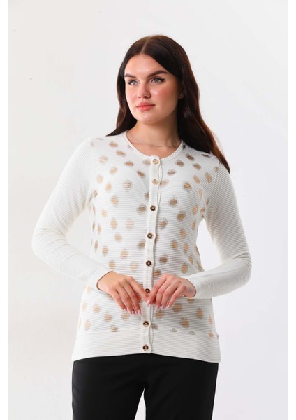 Kadın Gold Puantiyeli Uzun Kol Hırka 23977 Ekru