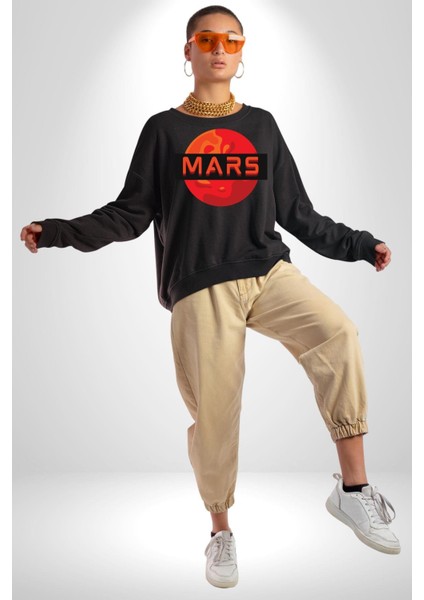 Mars Gezegen Erkek Kadın Unisex Dijital Baskılı Siyah Sweatshirt