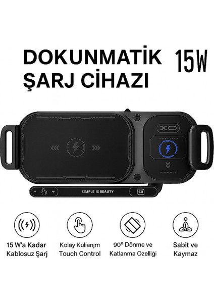 15W Araç Içi Kablosuz Şarj Cihazı ve Telefon Tutucu – 90° Döner Katlanabilir Telefonlara Uyumlu