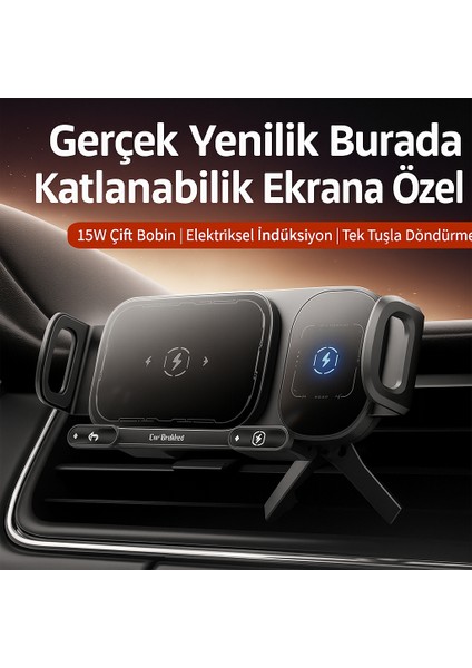 15W Araç Içi Kablosuz Şarj Cihazı ve Telefon Tutucu – 90° Döner Katlanabilir Telefonlara Uyumlu modelleri