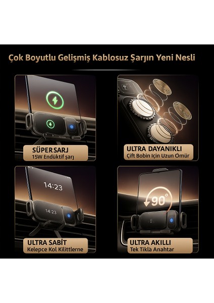 15W Araç Içi Kablosuz Şarj Cihazı ve Telefon Tutucu – 90° Döner Katlanabilir Telefonlara Uyumlu indirimleri