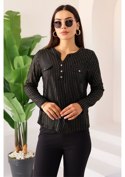 Moda Kadın Siyah Simli /sim Parlak Çizgili Cep Detaylı Uzun Kollu Bluz fiyatları