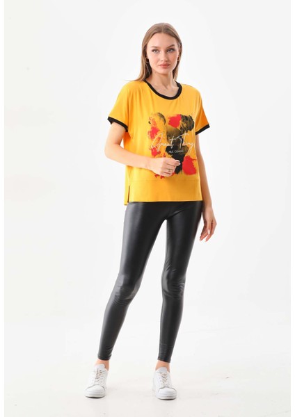 Kadın Desenli ve Yazı Detaylı Kısa Kol Bluz 23085 Sarı fiyatları