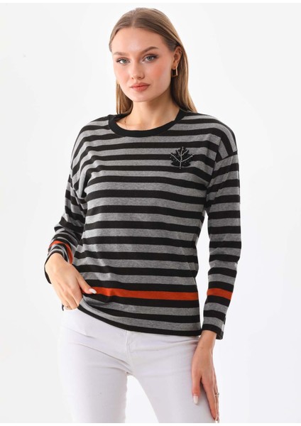 Kadın Çizgili Işleme Detaylı Uzun Kol Bluz 23615 Gri
