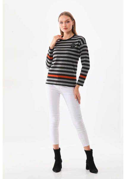 Kadın Çizgili Işleme Detaylı Uzun Kol Bluz 23615 Gri fiyatları