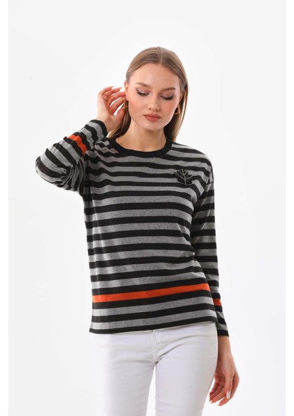 Kadın Çizgili Işleme Detaylı Uzun Kol Bluz 23615 Gri modelleri