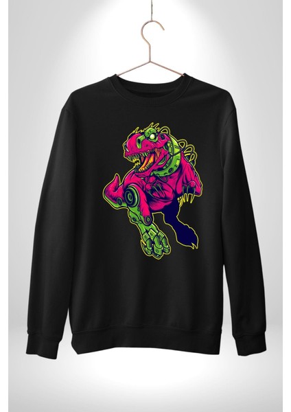Cyberrex Neon ve Futuristik Dinozor Grafik Erkek Kadın Unisex Dijital Baskılı Siyah Sweatshirt
