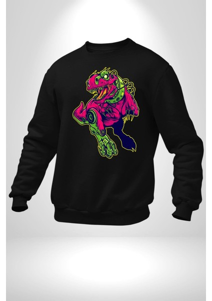 Cyberrex Neon ve Futuristik Dinozor Grafik Erkek Kadın Unisex Dijital Baskılı Siyah Sweatshirt fiyatları