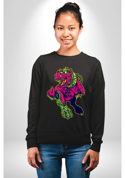 Cyberrex Neon ve Futuristik Dinozor Grafik Erkek Kadın Unisex Dijital Baskılı Siyah Sweatshirt modelleri