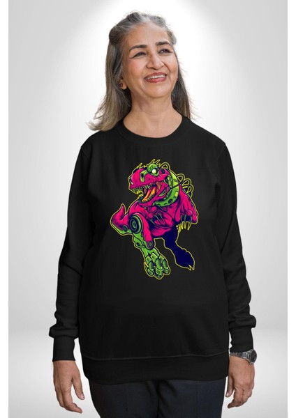Cyberrex Neon ve Futuristik Dinozor Grafik Erkek Kadın Unisex Dijital Baskılı Siyah Sweatshirt fırsatları