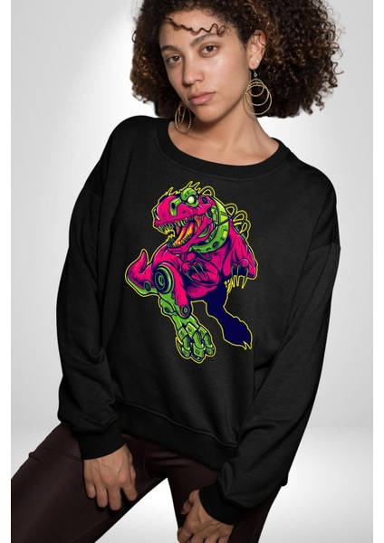 Cyberrex Neon ve Futuristik Dinozor Grafik Erkek Kadın Unisex Dijital Baskılı Siyah Sweatshirt indirimleri