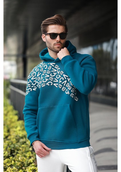 Petrol Yeşili Baskılı Kapüşonlu Erkek Sweatshirt E7160