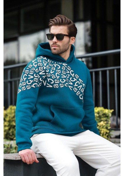 Petrol Yeşili Baskılı Kapüşonlu Erkek Sweatshirt E7160 fiyatları