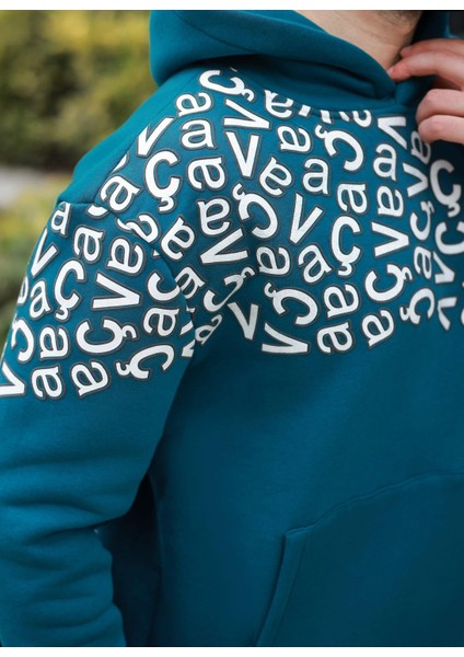 Petrol Yeşili Baskılı Kapüşonlu Erkek Sweatshirt E7160 modelleri
