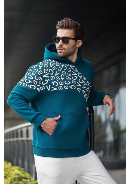 Petrol Yeşili Baskılı Kapüşonlu Erkek Sweatshirt E7160 fırsatları