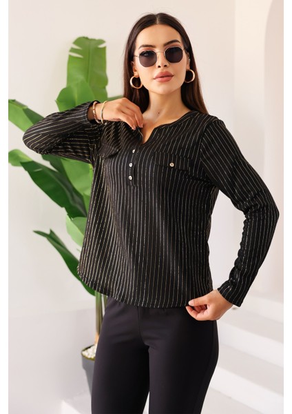 Moda Kadın Siyah Simli /sim Parlak Çizgili Cep Detaylı Uzun Kollu Bluz