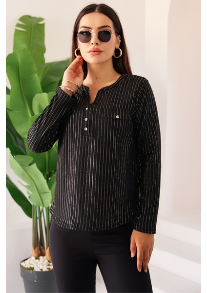 Moda Kadın Siyah Simli /sim Parlak Çizgili Cep Detaylı Uzun Kollu Bluz modelleri