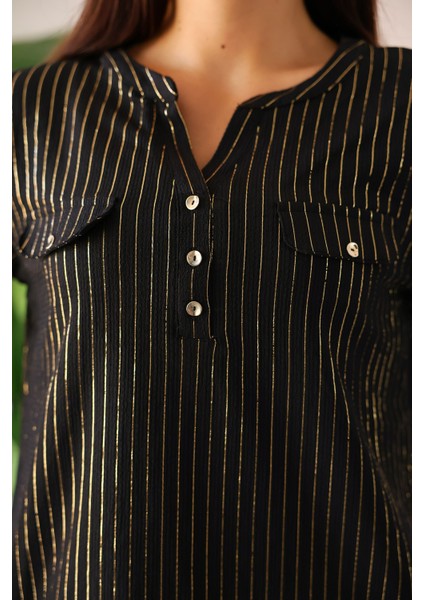 Moda Kadın Siyah Simli /sim Parlak Çizgili Cep Detaylı Uzun Kollu Bluz fırsatları