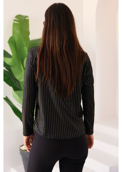 Moda Kadın Siyah Simli /sim Parlak Çizgili Cep Detaylı Uzun Kollu Bluz indirimleri