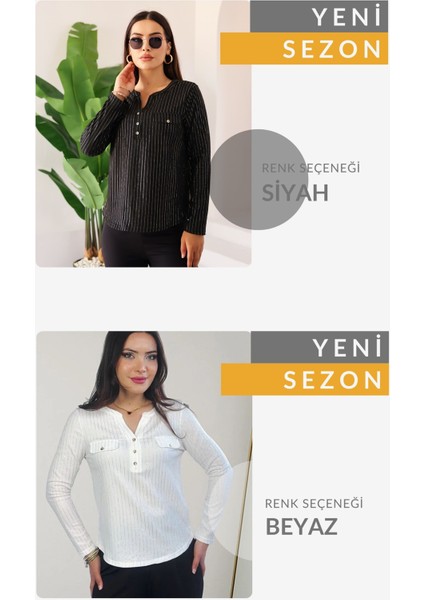 Moda Kadın Siyah Simli /sim Parlak Çizgili Cep Detaylı Uzun Kollu Bluz