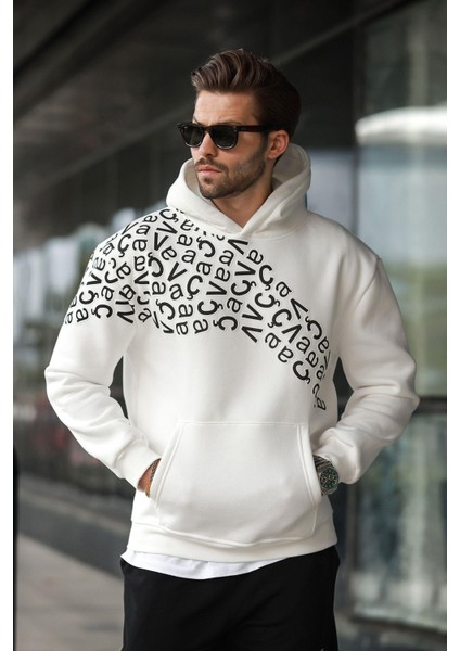 Ekru Baskılı Kapüşonlu Erkek Sweatshirt E7160